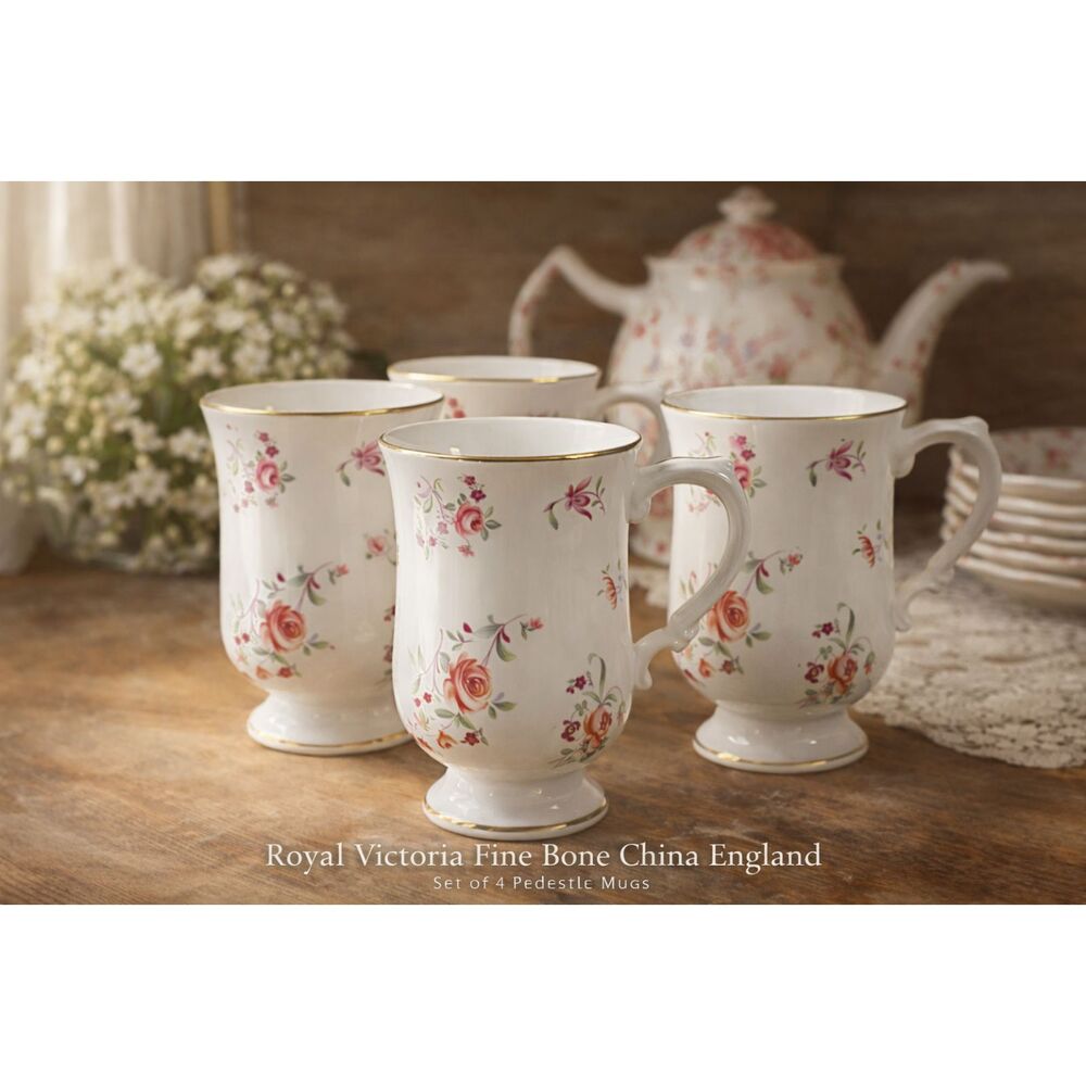 Royal Victoria Fine Bone China England Rose Pedestal Mugs Set of 4